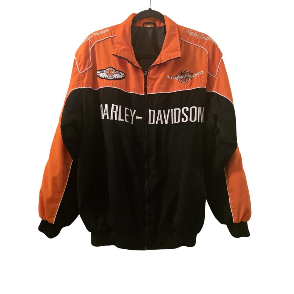 Vintage 2000s Y2K Harley-Davidson Racing Bomber Jacket Black Orange Mens Size XL